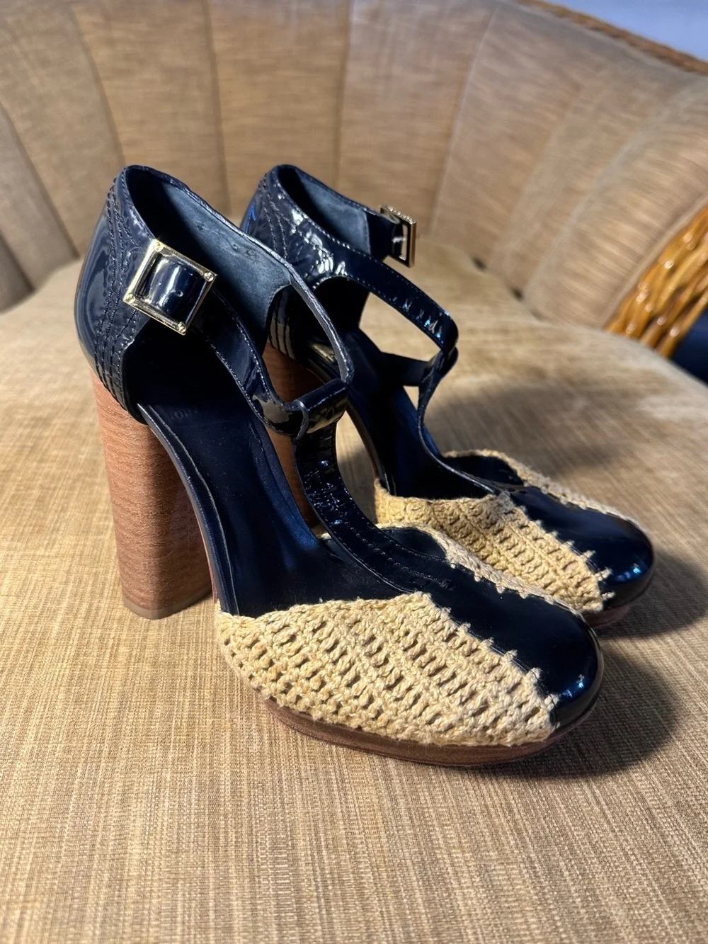Tory Burch Navy Patent Leather Raffia T Strap Heels